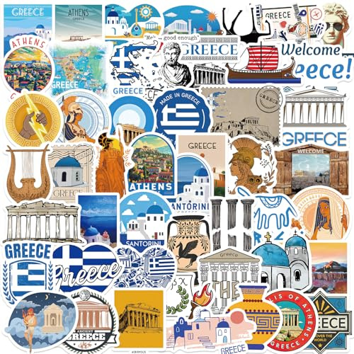 Greece Travel Stickers, 50Pcs Country Themed Vacation Stickers, Travel Waterproof Vinyl Graffiti Stickers Decals for Journals Scrapbooks Water Bottles Suitcase