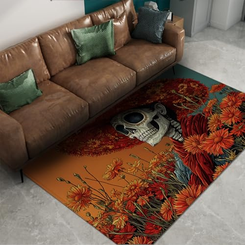 FEIPUHOME Art 180x240cm Area Rug Countryside Flowers Rugs for Living Room Chrysanthemum Straw Hat Skull Entryway Carpet Soft Comfort Day of the Dead Home Decor
