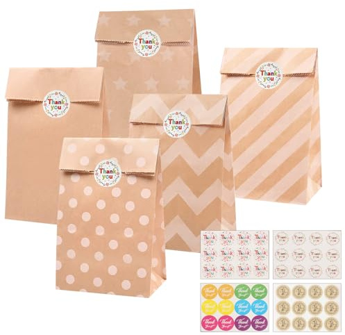 40 Pièces Pochette Cadeau Kraft, Sac en Papier Sachet Bonbons Sac Cadeau Avec 48 Autocollants pour Anniversaire, Mariage, Noël, Halloween, Thanksgiving, Brown
