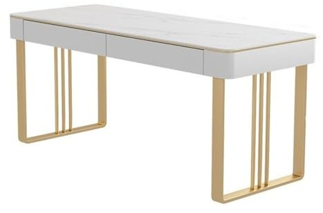 ZENGXJYCQINGJIANG Gaming Desk Modern PC Desk Writing Table with 2 Drawers, White Vanity with Rock Slab Top and Metal Frame for Home Office Bedroom(Gold,M)