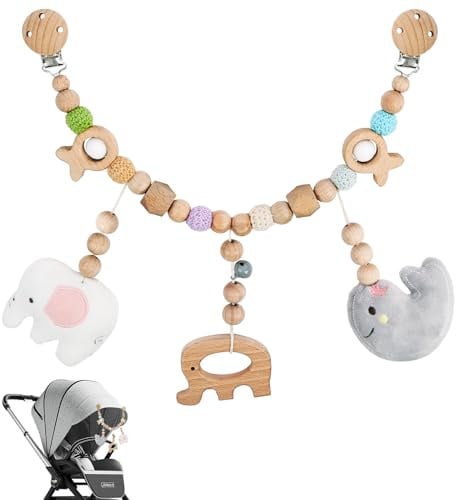 Vicloon Kinderwagenkette aus Holz, Kinderwagen Kette für Babys, Kinderwagen Zubehör, Tierform Kinderwagenspielzeug mit Glocke für Mädchen Junge, Geschenk zur Geburt für Kleinkinder ab 0+ Monate-Wal