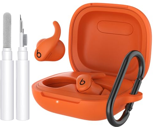 AhaStyle Silicone Case for Beats Powerbeats Fit (2025) Accessories, Orange | with Cleaning Kit & Carabiner, Top Logo Visible, Skin-Friendly Soft Touch, Shockproof, Full Protection, Wireless Charging
