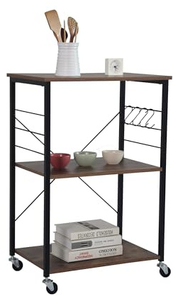 Relaxdays Rollwagen, 3 Ablagen, S-Haken, Küche & Wohnzimmer, HBT: 89x60x40 cm, Beistellwagen mit Rollen, braun/schwarz