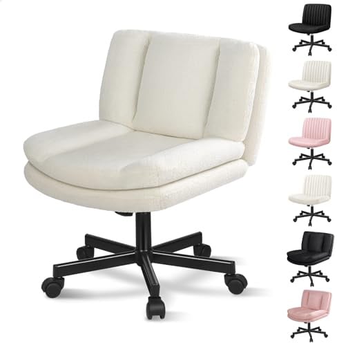 ALFORDSON Bürostuhl Schminktischstuhl Kleiner Stuhl ohne Armlehnen,Weiß | Höhenverstellbar Drehstuhl Neigungswinkel 90°–105°, breitem Sitz mittelhoher Rückenlehne für Homeoffice, Bouclé