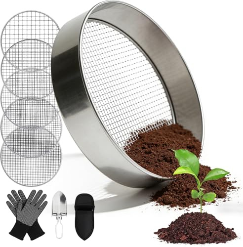 Tamis De Jardin En Acier Inoxydable, 5 En1 Tamis Jardin, Tamis À Compost Rond En Métal, Rond 20 Cm, Avec Pelle Et Gants Avec 5 Tamis Interchangeables Ø 3,6,9,10,12 Mm Pour Terre, Compost, Semences