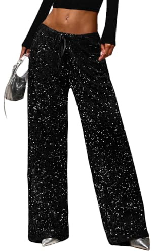 ticticlily Glitzer Hose Damen Lang Pailletten Hosen Weite Bein mit Kordelzug Party Festlich Outfit Hohe Taille Glänzende Freizeithose