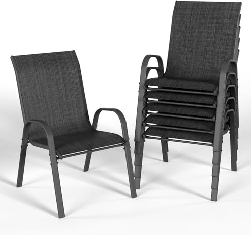 UDPATIO 6er Set Gartenstühle Stapelbare, Stapelstühle aus Textilene，55cm Breiter Hochlehner Gartenstuhl, Atmungsaktive Terrassenstühle für Balkon, Terrasse, Garten, Schwarz