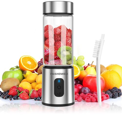 Glass Portable Blender for Smoothies and Shakes: Personal Smoothie Blender for Crushing Ice Frozen Fruit, 400ML Mini Juicer Ideal for Smoothies Ice Blending Juicing USB Rechargeable