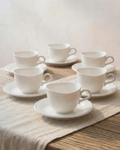BAVARY Pearl Tasse A Cafe 100ml Avec Soucoupes, 12 Pcs (6 pers.) - Design Blanc Avec Bordure Perlée - Tasse Expresso Design En Porcelaine - Tasse Cafe Et Espresso/Moka/Demitasse - Lave-vaisselle OK
