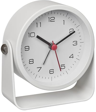 TFA Dostmann Analoger Designwecker modern, 60.1042.02, Nachttisch-Wecker mit Hintergrundlicht, aus Metall, Tischuhr, weiß