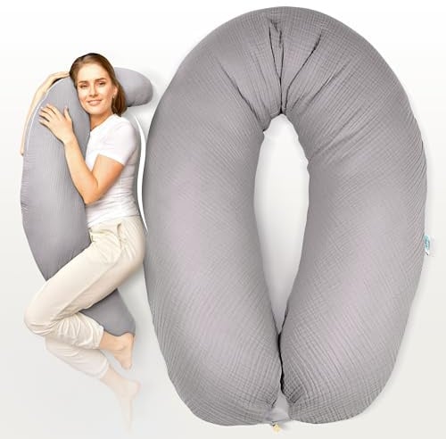 sei Design XXL Stillkissen 190 cm x 35 cm mit Musselin-Bezug ergonomisch. Schwangerschaftskissen Seitenschläferkissen Komfortkissen für Erwachsene. Stillkissenbezug aus 100% Bio-Baumwolle
