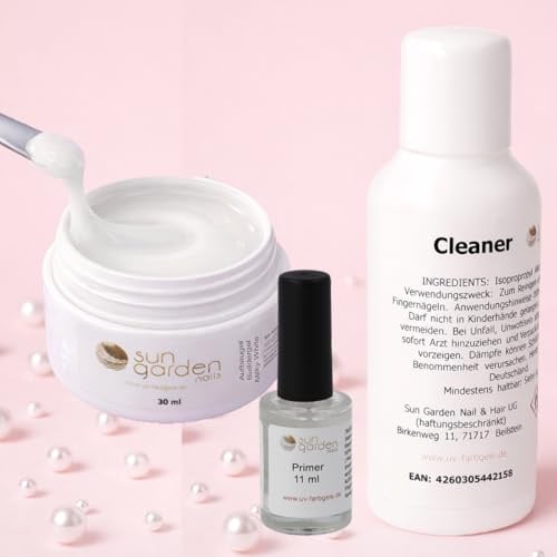 Sun Garden Nails Nagelset mit Aufbaugel Milky White 30ml | Nail Primer, Nagel Cleaner 100ml, Zur Nagelverlängerung, Für Gelnägel