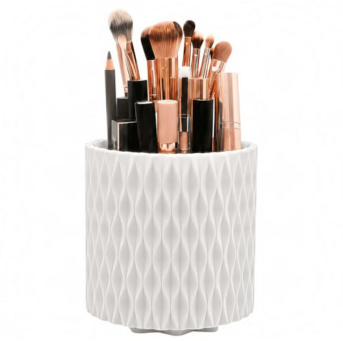 scicent Makeup Brush Holder, 360° Rotating Make up Organiser, Container Cosmetic Display Cases (White)