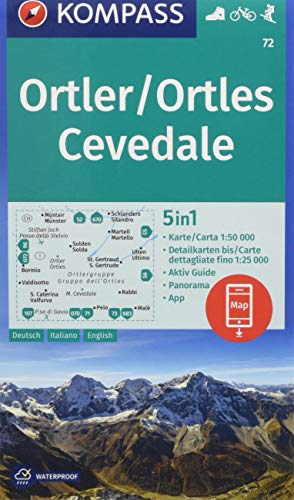 KOMPASS Wanderkarte Ortler/Ortles, Cevedale: 5in1 Wanderkarte 1:50000 mit Panorama, Aktiv Guide und Detailkarten inklusive Karte zur offline ... Skitouren. (KOMPASS-Wanderkarten, Band 72)