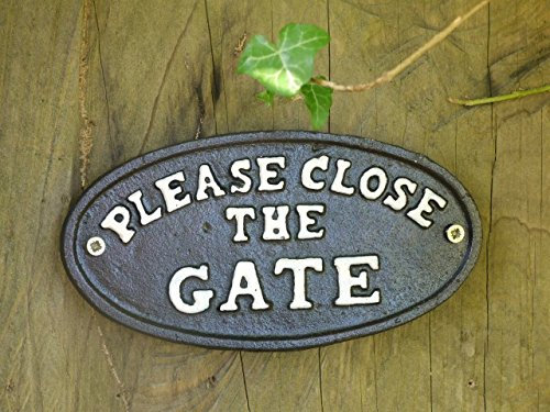 Best Value Here Vintage Cast Iron Garden Gate Signs Metal Hand Painted Novelty Wall Mount Plaque BLACK WHITE (Please Close The Gate (Black))