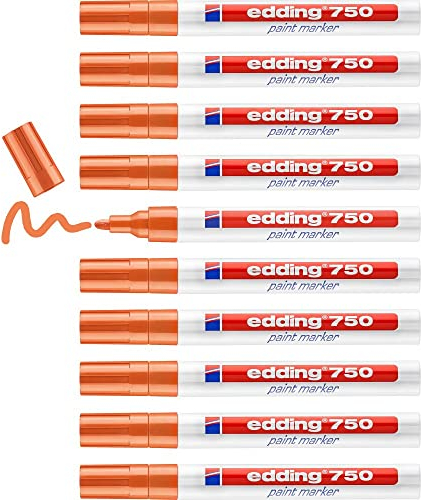 edding 750 marqueur peinture - orange - 10 stylos - pointe ronde 2-4 mm - marqueur de peinture pour l'étiquetage du métal, verre, roche ou du plastique - résistant à la chaleur, permanent et étanche