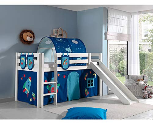Spielbett inkl. Rutsche mit Textilset Vorhang, Tunnel & 3 TaschenAstro, Kiefer Massiv weiß