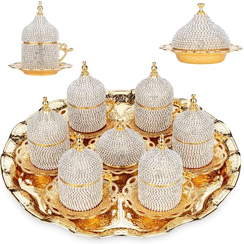 Alisveristime Türkisches Kaffee-Set mit Kristallverzierung, 27-teilig, dekorative Espressotassen, Untertassen und Zuckerdose aus Zamak, mit Tablett, erhältlich in drei Farbvarianten (Gold)