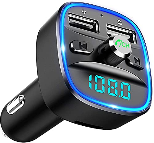 Bluetooth FM Transmitter for Car, Blue Ambient Ring Light, Wireless Radio, Receiver Adapter Kit with Handsfree