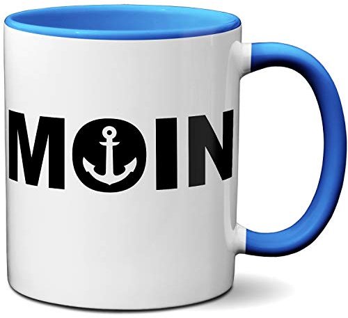 OM3® Moin mit Anker Kaffee-Tasse Küste Norddeutsch Meer - Keramik Becher - 11oz 325ml - Beidseitig Bedruckt - Blau