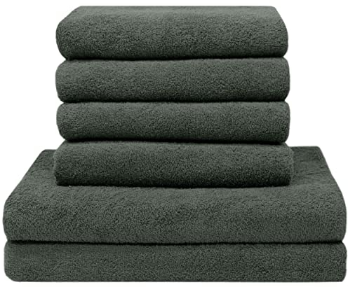 ZOLLNER Handtuch Set aus 4 Handtücher 50x100 cm & 2 Duschtücher 70x140 cm - saugstarke und weiche Tücher in dunkelgrau - mit praktischem Aufhänger - waschbar bis 60°C - Baumwolle - Hotelqualität