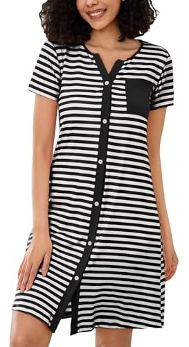 Marvmys Chemises de Nuit Femme Coton Manches Courtes Rayure avec Bouton