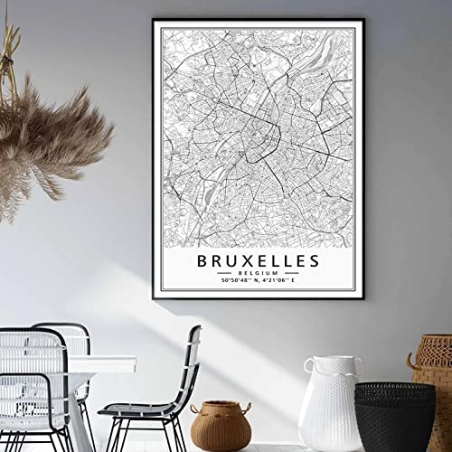 Belgien Stadtplan Brüssel Modernes Poster Leinwand Gemälde Wand Kunstdruck Bild für Wohnzimmer Schlafzimmer Inneneinrichtung Wohnkultur 60x80cm Rahmenlos