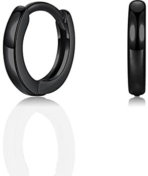 Small Black Earrings, 925 Sterling Silver Post Lightweight Sleeper Hoop Earring for Women Men Gifts Diameter 8mm Thickness 2mm