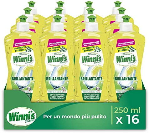 Winni's - Additif brillant Lave-vaisselle hypoallergénique, avec extrait de citron bio, contre résidus et taches, avec matières premières d'origine végétale, 250 ml x 16 boîtes