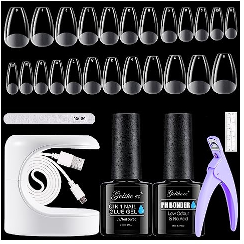 Gelike EC Gel Nail Kit - Nails Tips and Glue 528PCS Short Coffin Gel Tips, 6 In 1 Nail Glue UV Lamp Art