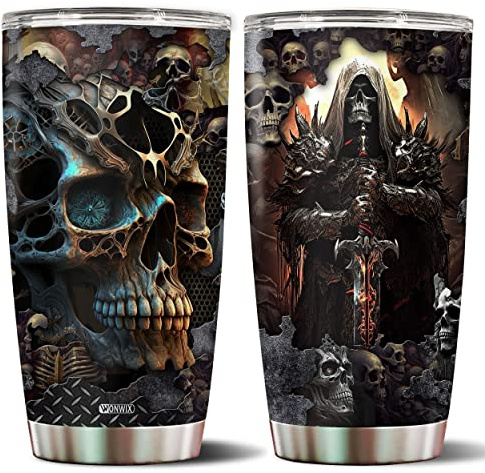 WONWIX Skull Tumbler, Birthday Gifts For Men Who Love Skulls Coffee Mug Cup Christmas Valentine Gift Water Bottle Black Tumblers 20oz Stainless Steel Travel Cups With Lid