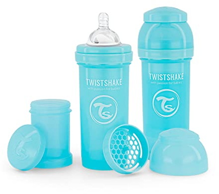 Twistshake 2x Anti-Kolik Babyflasche mit Milchpulverbehälter und Mixer – 260 ml | Silikon-Brustwarze mit mittlerem Durchfluss | BPA-freie Babymilchflasche | Geeignet für Babys ab 2 Monaten | Blau