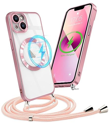 Micoden Handykette Hülle für iPhone 13 mit Band Kompatibel mit MagSafe Kabellosem Laden Kameraschutz Vollständiger Transparent Silikon Case Kordel zum Umhängen Handyhülle Schutzhülle,Rosa