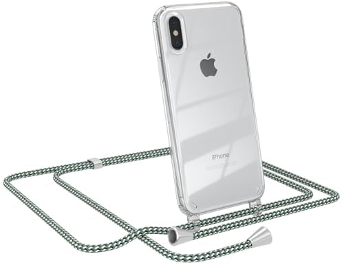 EAZY CASE - Kette Schutzhülle - kompatibel mit iPhone X/XS, Stoßfest Fallschutz Bumper Schutzhülle, Handy Straps, Silikonhülle, Handykette abnehmbar, Hell Grün Camouflage mit Clips Silber