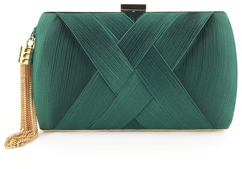 DBromanticArt Damen-Clutch, Abendtasche, elegante Fransentasche mit Kette, Hochzeit, Party, Handtasche, Umhängetasche, Grün