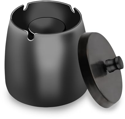 AMZSKU Aschenbecher mit Deckel, Edelstahl Aschenbecher für Draussen, Sturmaschenbecher als Windaschenbecher, Standaschenbecher mit Rutschfest Boden für Draußen und Innen - Schwarz