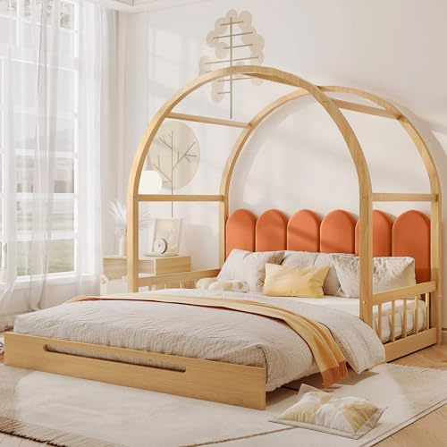MQGPM Kinderbett Hausbet 200x140CM mit Rausfallschutz und Lattenrost, Baumhausbett im Montessori Stil mit Dachdekoration für Mädchen und Jungen Vielseitiges Bett für Spielendes Lernen reines