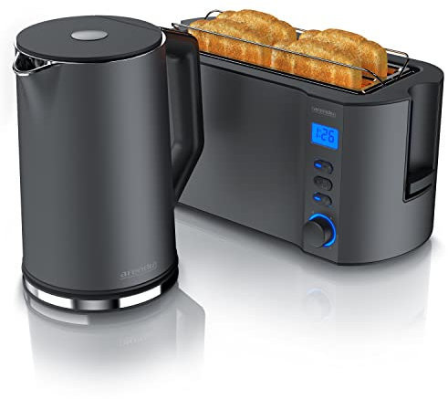 Arendo Ensembles Bouilloire et grille-pain en SET Bouilloire en inox 1,5L 40°-100°C, Grille-pain Manha 4 Tranches Ecran LED 6 niveaux de brunissage support viennoiserie grille pain, Cool Grey