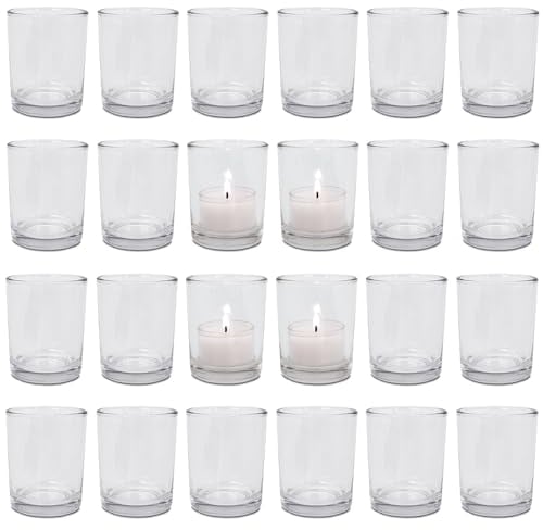 24 Teelichthalter PUR | Teelichter Glas Rund - Windlicht Set | Ø 5,5 cm H 6,5 cm | Teelichtgläser für Tischdeko bei Hochzeit & Geburtstag | Kerzen Gläser auch für Dessert - DecoLite