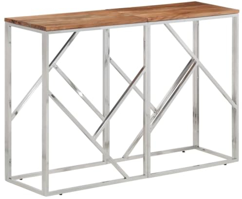 vidaXL Konsolentisch, Konsole Beistelltisch Pflegeleicht, Wandtisch für Wohnzimmer Flur, Flurtisch Tisch, Modern, Silbern Edelstahl Massivholz Akazie