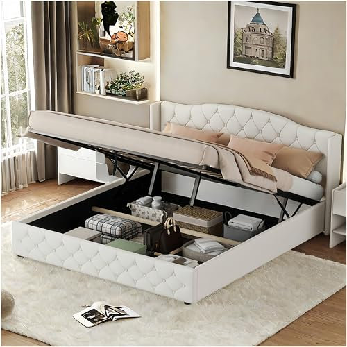 Racxily Etagenbett, 180 x 200 cm, Doppelbett, Doppelbett mit Stauraum, mit hydraulischer Unterstützung (Beige)
