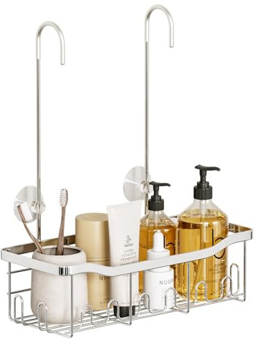 BYT Panier de douche à suspendre pour salle de bain, panier de douche avec crochets, étagère de douche sans perçage, étagère de douche pour robinet de douche ou barre transversale (argenté)