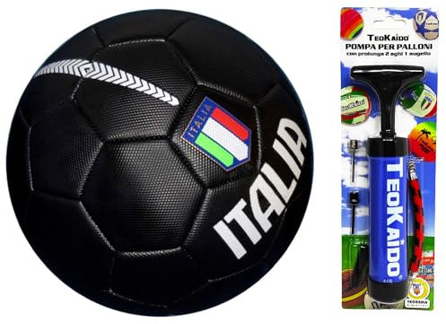 CUCUBA Pallone da Calcio Italia da Allenamento o da Partita Misura Size 5 Diametro 23 cm Taglia 5 con Pompa Portatile per Gonfiaggio Rapido con Prolunga 2 Aghi ed un Augello