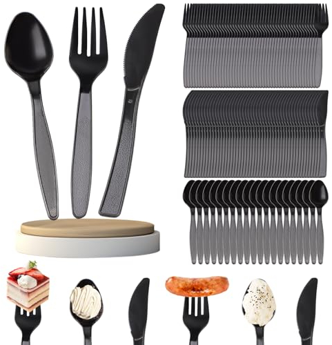 FIHODONE 120 Stück Plastikbesteck Eindicken, Partybesteck Enthalten 50Messer 50Kuchengabeln 20Löffel, Party Besteck Schwarz Party Zubehör,Party Besteck für Familienfeiern Outdoor Dinner