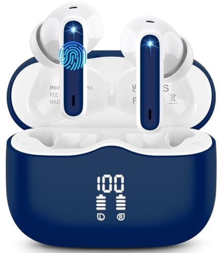 Wireless Earbuds, Bluetooth 5.3 Headphones Wireless Earphones, In Ear buds Wireless Earbuds, 4 ENC Noise Cancelling Mic Wireless Headphones, IP7 Waterproof, 40H Playtime, Mini Ultra Light, Navy Blue