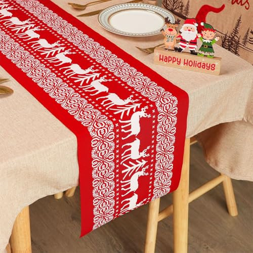 Tischläufer Weihnachten rot Elch , Weihnachtstischdecke rot, Waschbar Weihnachtstischläufer, Winter Küche Esstisch Dekoration Modern, für Weihnachten Urlaub Dinner Party Tischdekoration 28x270cm