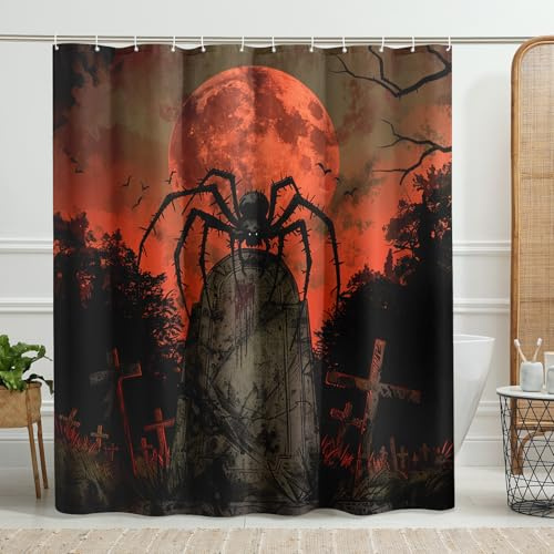 Tenda da doccia con ragno per Halloween, tenda da doccia in tessuto impermeabile con teschio gotico autunnale rosso e nero, decorazione per il bagno, set di tende da doccia in tessuto impermeabile con