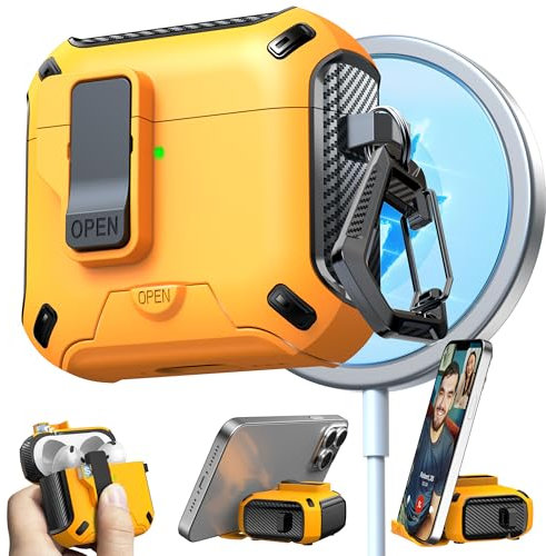 RFUNGUANGO Kompatibel mit AirPods 4th Hülle mit Reinigungsstift, Verriegelungsclip, Rundumschutz, Standfunktion und kompatibel mit Magsafe,Gelb