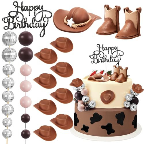 RoundFunny 26 Pcs Cowgirl Cake Decorations: Cowboy Boot, Hat, Disco Ball & Mini Hats - Brown - Birthday & Baby Shower