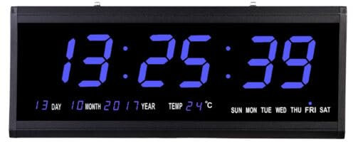 Dettchan Blau LED Digital Wanduhr Mit Leuchtender Anzeige, Kalender, Funk, Thermometer - Für Zimmer, Küche, Büro 48×19×3cm